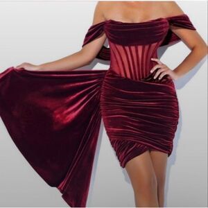 Women Dress Red Velvet Corset Off the Shoulder  1XL Draped Stretch Mini Burgundy